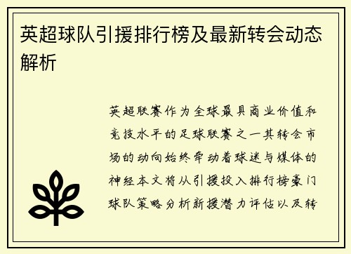 英超球队引援排行榜及最新转会动态解析
