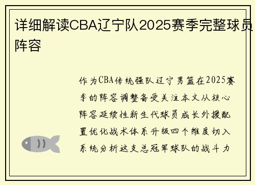 详细解读CBA辽宁队2025赛季完整球员阵容